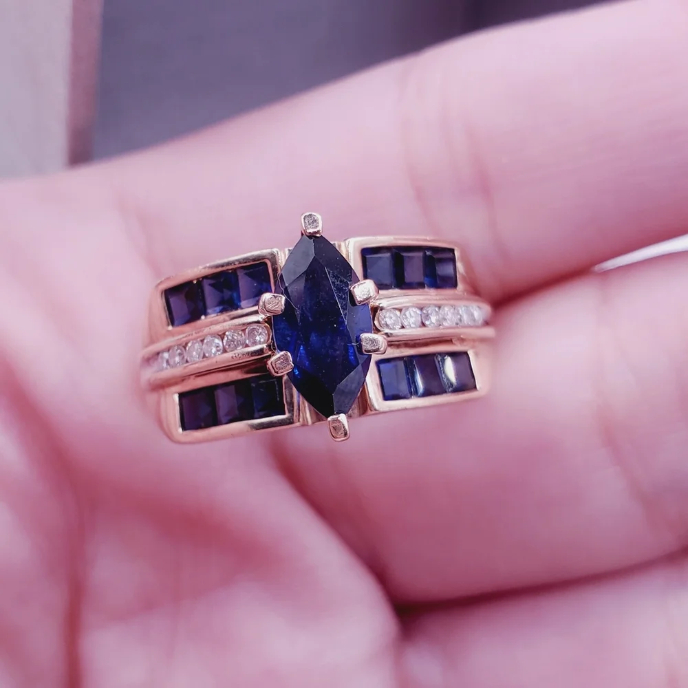 10k Solid Yellow Gold Genuine Marquise Blue Sapphire & Diamond Statement Ring